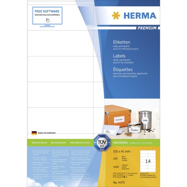 Herma Prem. Etiketten w. 105X41 100 Blatt DIN A4 1400 Stück 4475