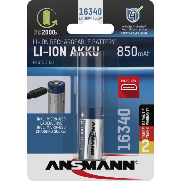 Ansmann 16340 Li-Ion Akku 850mAh 3,6V Micro USB Eingang 1300-0015