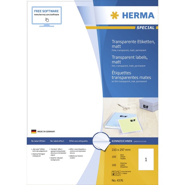 Herma transp. Etiketten 210X297 100 Blatt DIN A4 100 Stück 4376