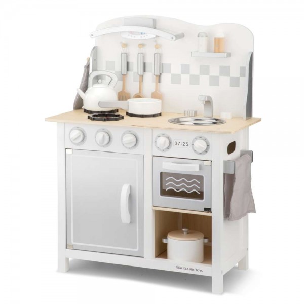 New Classic Toys 11061 Küchenzeile Bon Appetit DeLuxe Weiß Silber Spielküche für Kinder