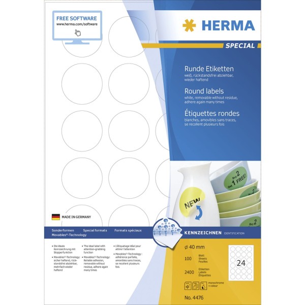 Herma Movables Etiketten rund 40 100 Blatt DIN A4 2400 Stück 4476